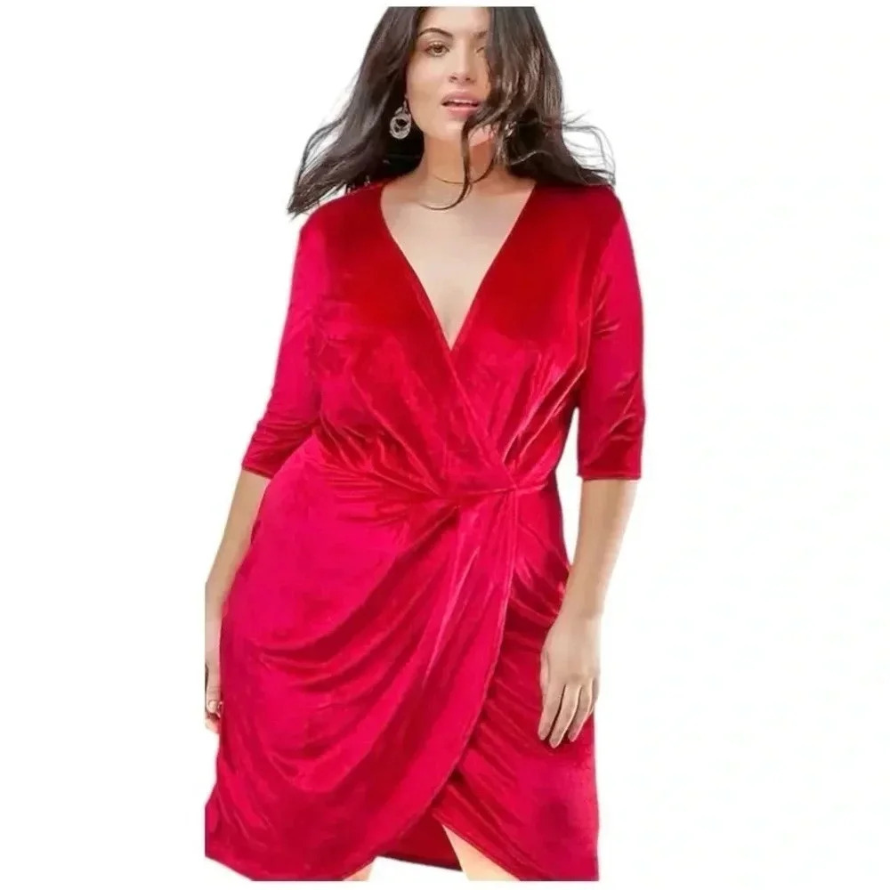 CLUB LONDON Women’s Wrap Front Red Velvet Cocktail Dress Short Sleeves Size 16